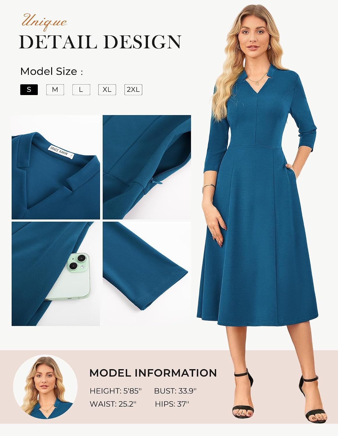 image:imageGRACE KARIN Women 34 Sleeve Work Church Dress with PocketGray Blue