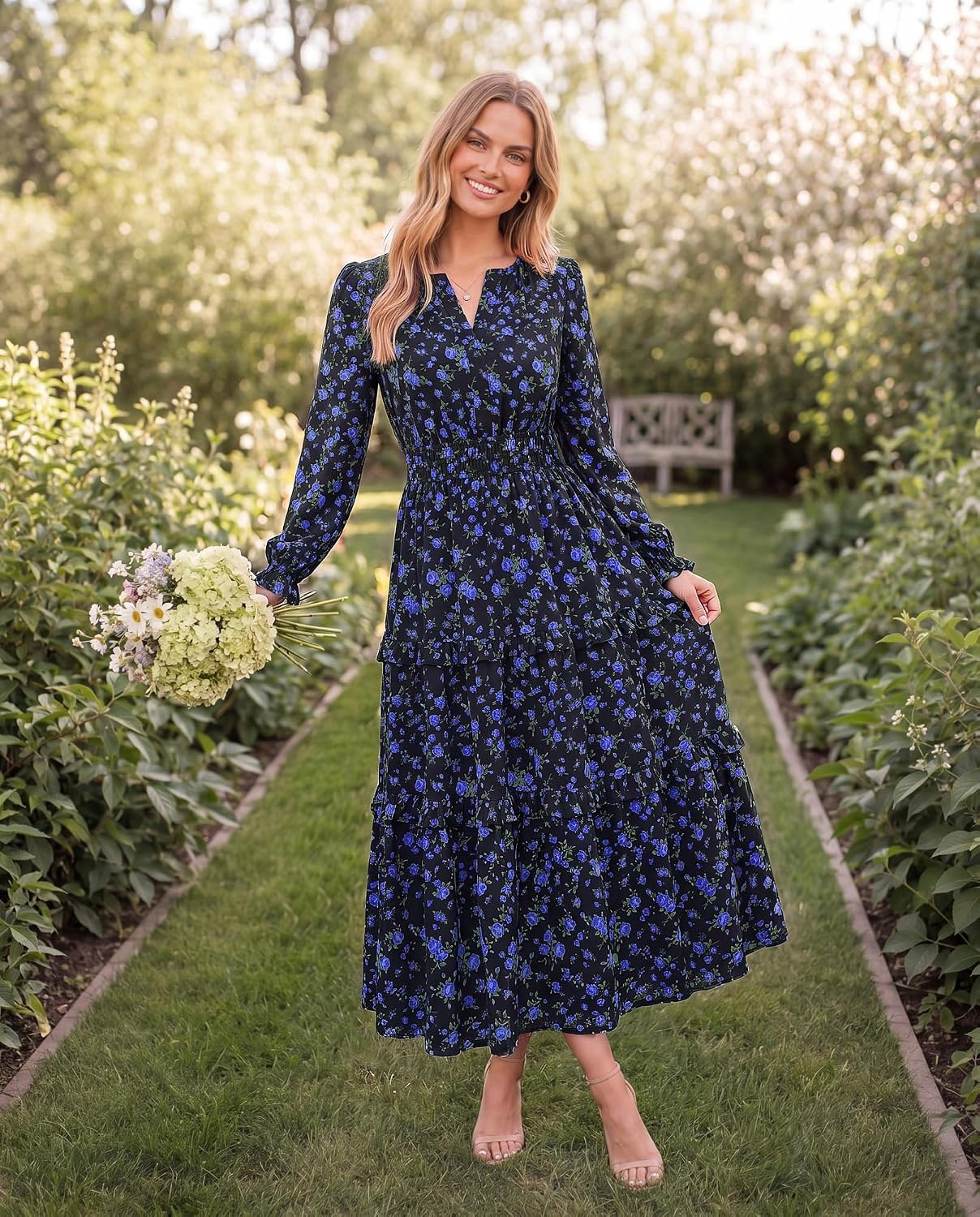image:imageGRACE KARIN Womens 2026 Fall Maxi Chiffon Floral Casual DressBlack Blue Floral