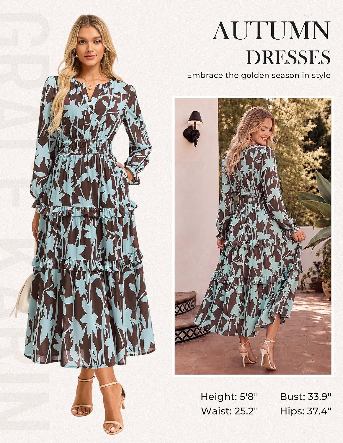image:imageGRACE KARIN Womens 2026 Fall Maxi Chiffon Floral Casual DressBlue Brown Leaves