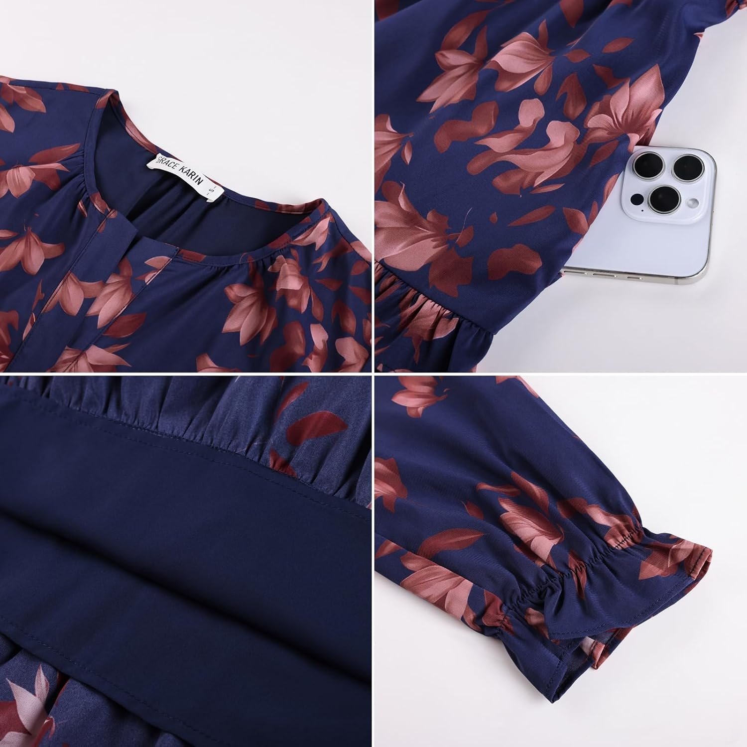 image:imageGRACE KARIN Womens 2026 Fall Maxi Chiffon Floral Casual DressBrown Floral Dark Blue