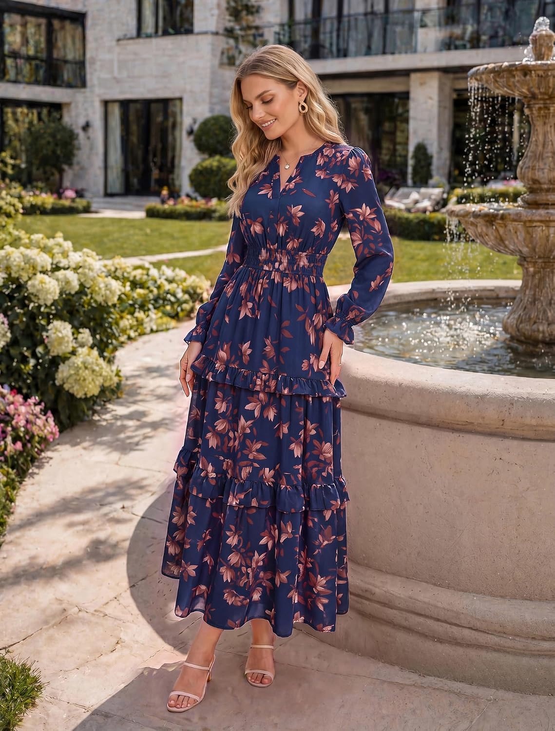 image:imageGRACE KARIN Womens 2026 Fall Maxi Chiffon Floral Casual DressBrown Floral Dark Blue