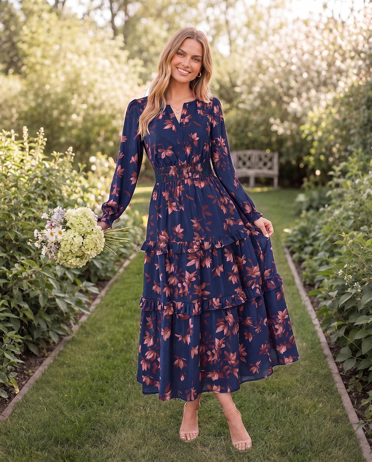 image:imageGRACE KARIN Womens 2026 Fall Maxi Chiffon Floral Casual DressBrown Floral Dark Blue