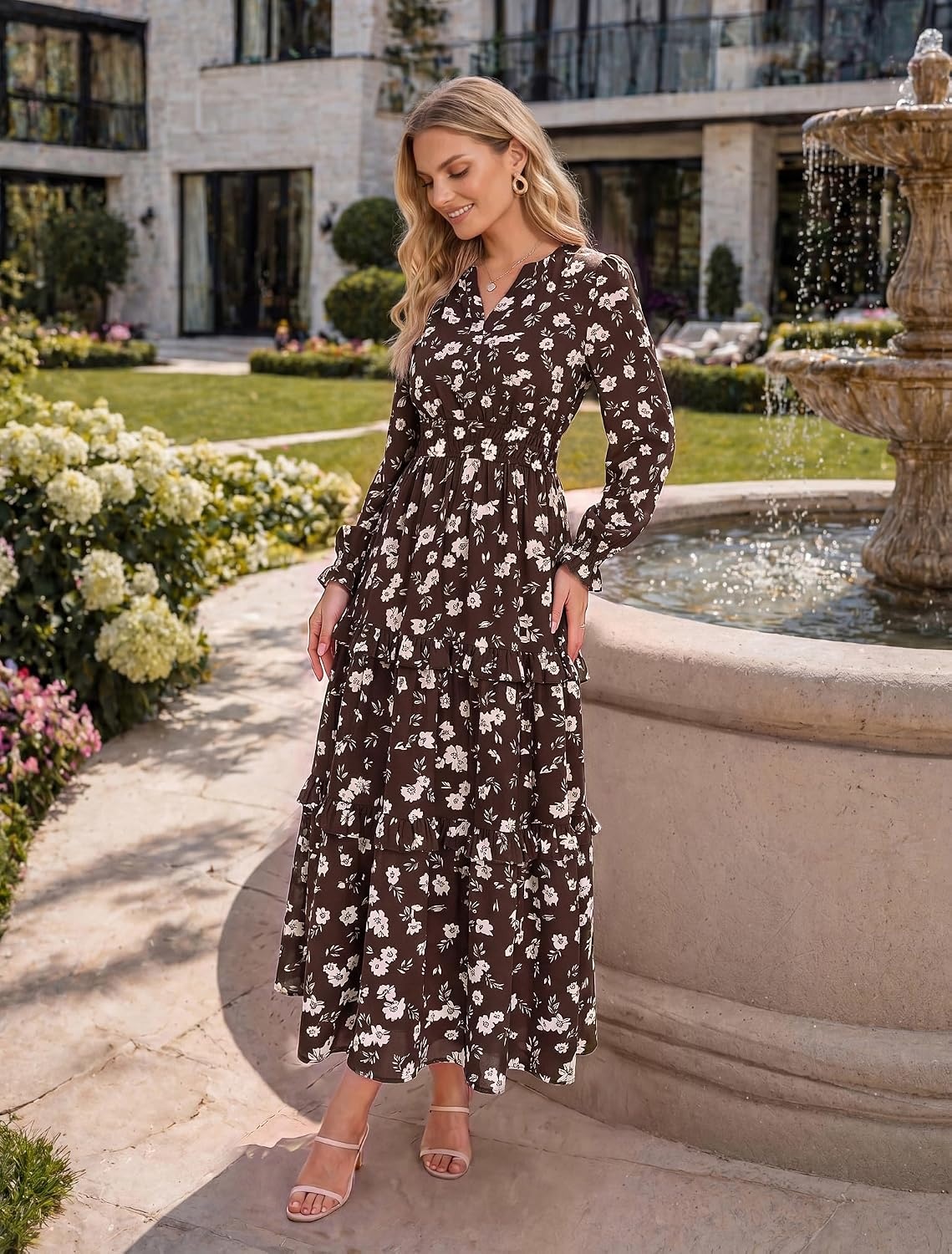 image:imageGRACE KARIN Womens 2026 Fall Maxi Chiffon Floral Casual DressBrown White Floral