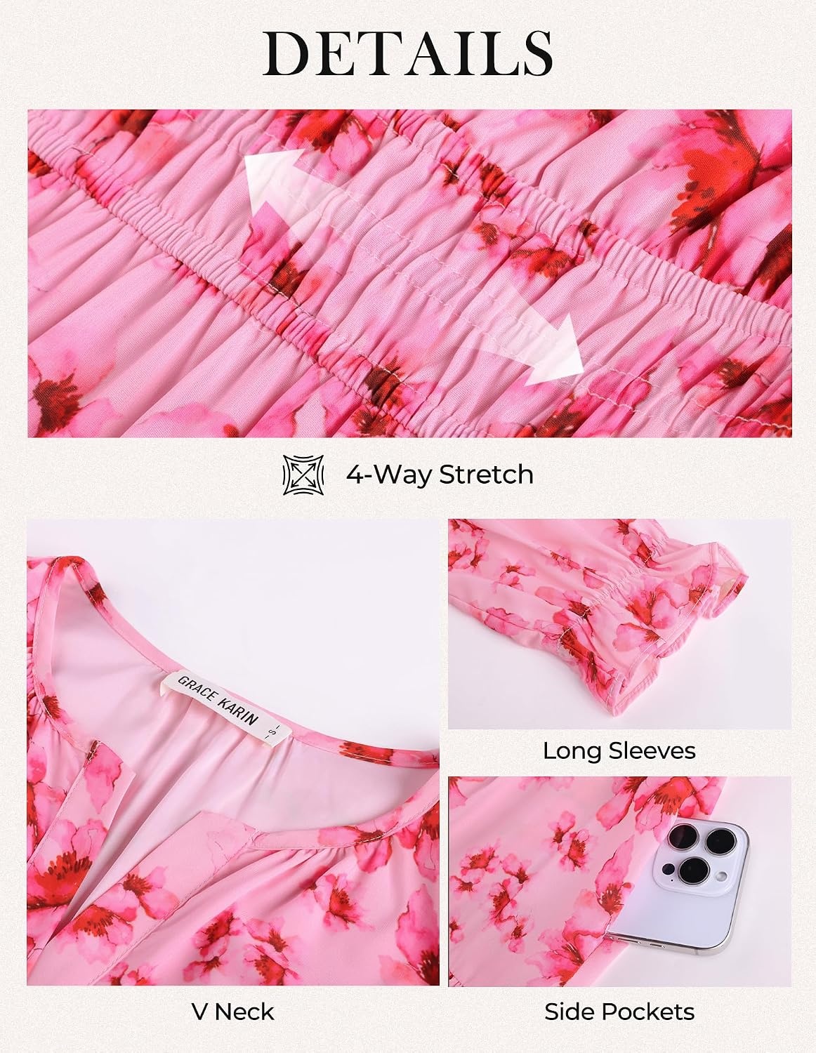 image:imageGRACE KARIN Womens 2026 Fall Maxi Chiffon Floral Casual DressPink Floral
