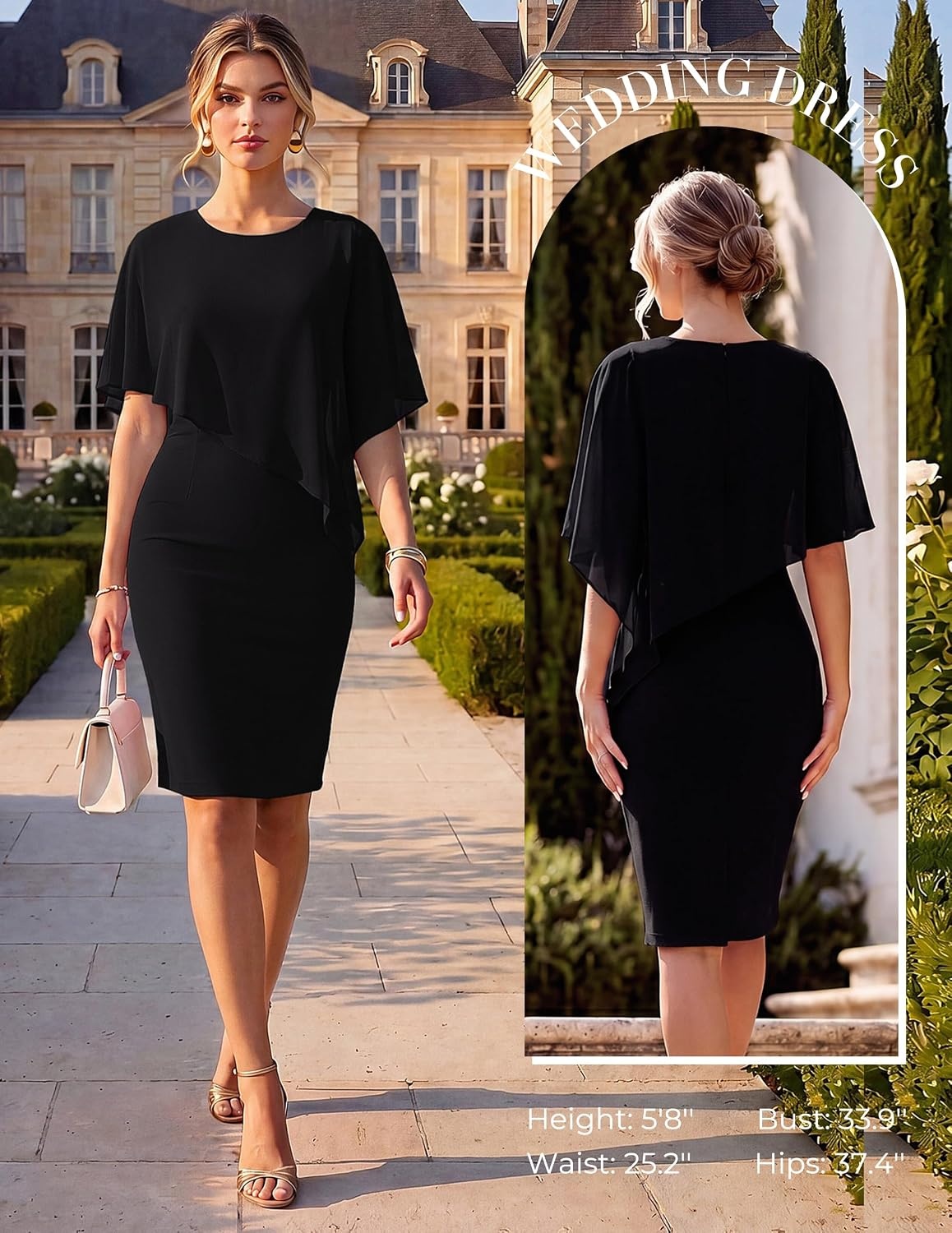 image:imageGRACE KARIN Womens Chiffon Cape Wedding Guest Mother of The Bride DressBlack