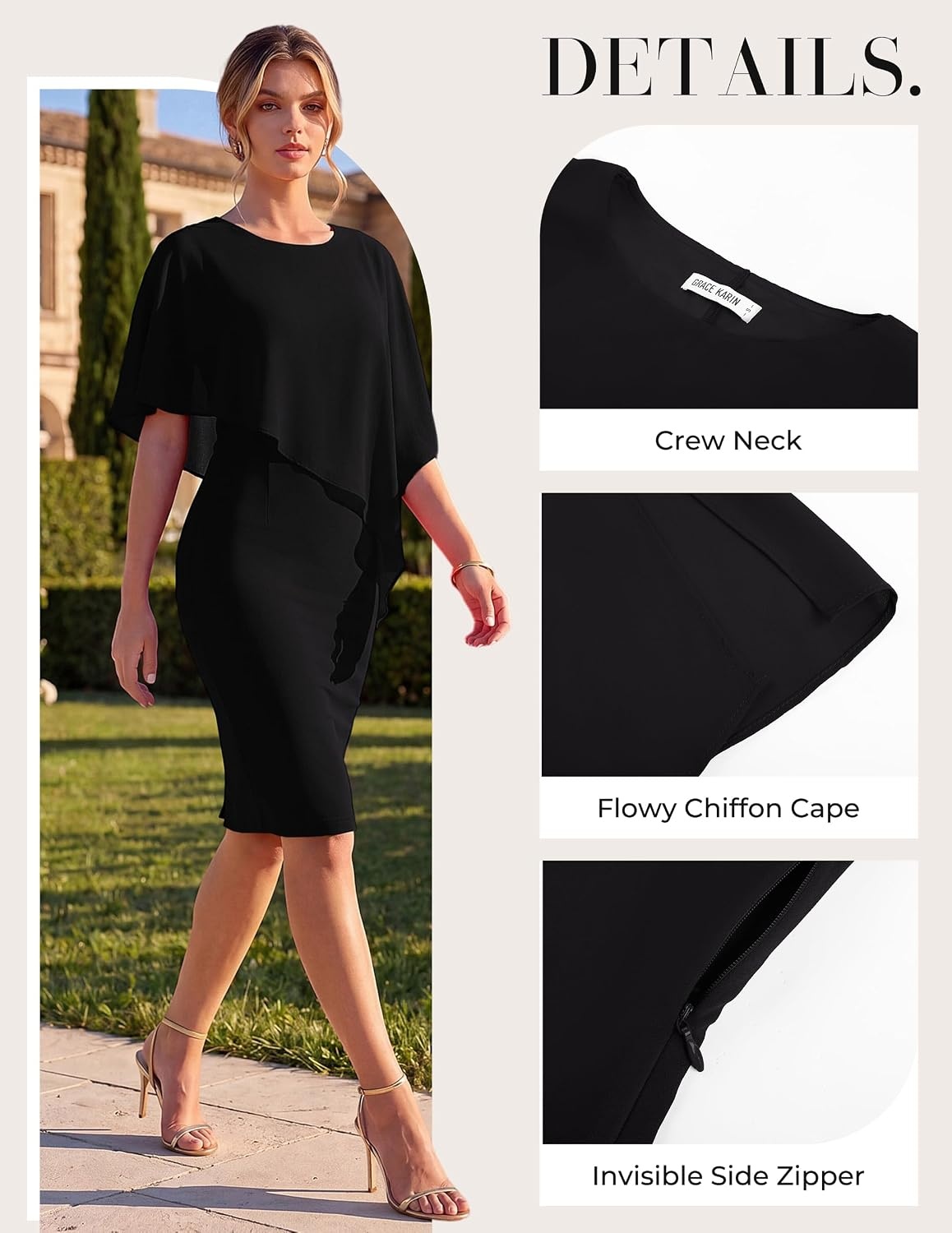 image:imageGRACE KARIN Womens Chiffon Cape Wedding Guest Mother of The Bride DressBlack