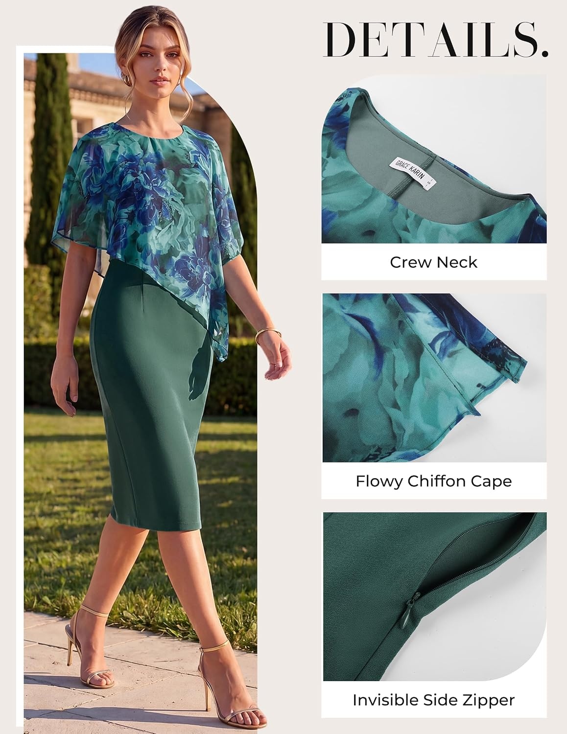 image:imageGRACE KARIN Womens Chiffon Cape Wedding Guest Mother of The Bride DressGreen Floral