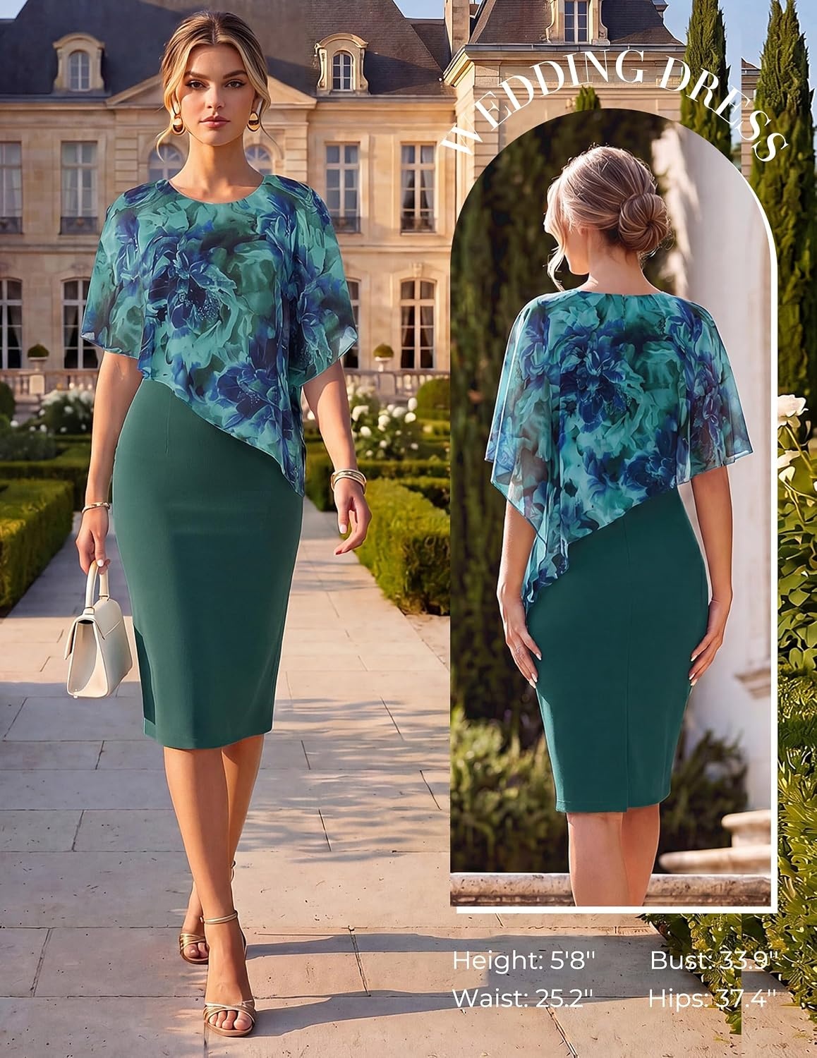 image:imageGRACE KARIN Womens Chiffon Cape Wedding Guest Mother of The Bride DressGreen Floral