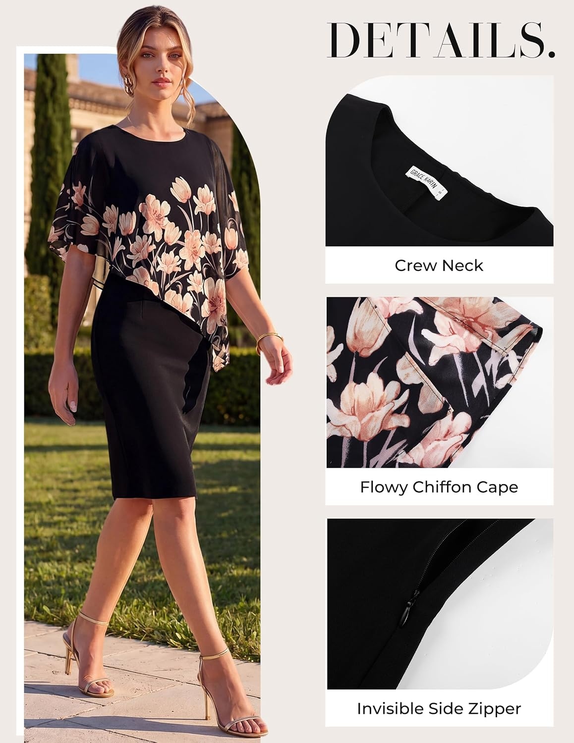 image:imageGRACE KARIN Womens Chiffon Cape Wedding Guest Mother of The Bride DressPink Floral