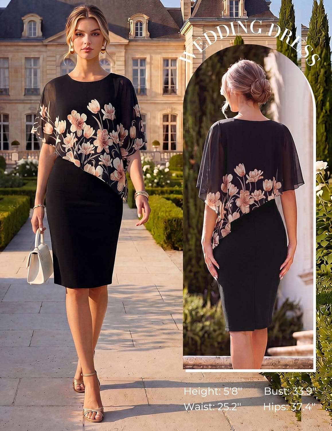 image:imageGRACE KARIN Womens Chiffon Cape Wedding Guest Mother of The Bride DressPink Floral