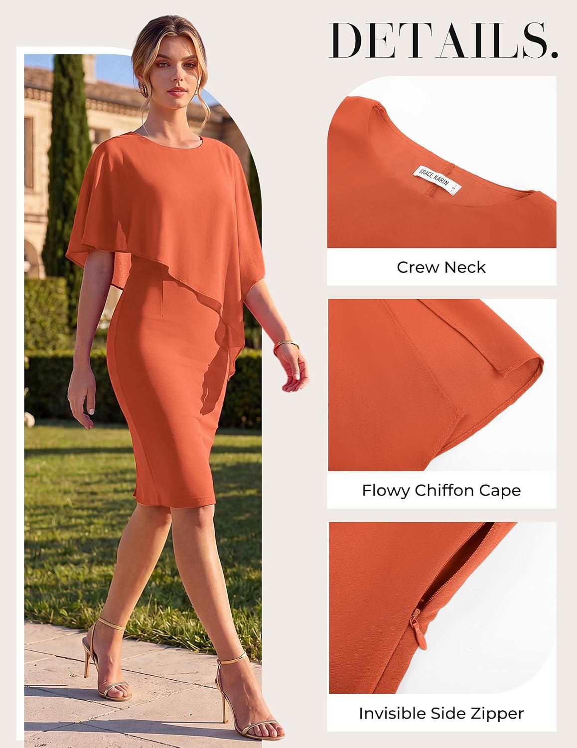 image:imageGRACE KARIN Womens Chiffon Cape Wedding Guest Mother of The Bride DressPumpkin Orange