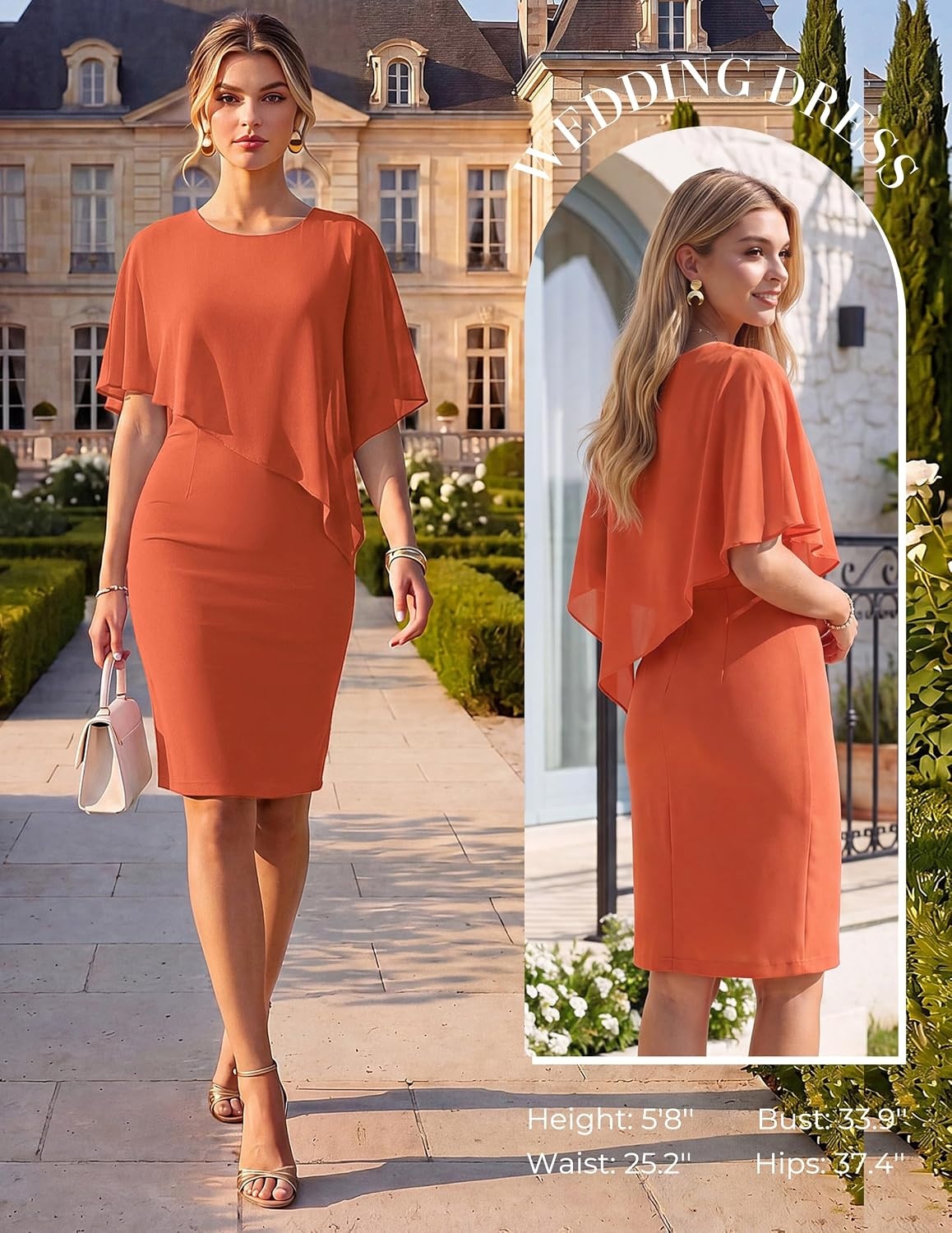 image:imageGRACE KARIN Womens Chiffon Cape Wedding Guest Mother of The Bride DressPumpkin Orange