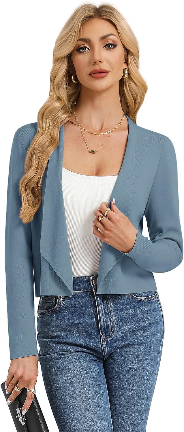 image:imageGRACE KARIN Womens Cropped Sweater Blazer Lightweight Cardigans Dressy Bolero Shrug Blazers for Women Business CasualGrey Blue