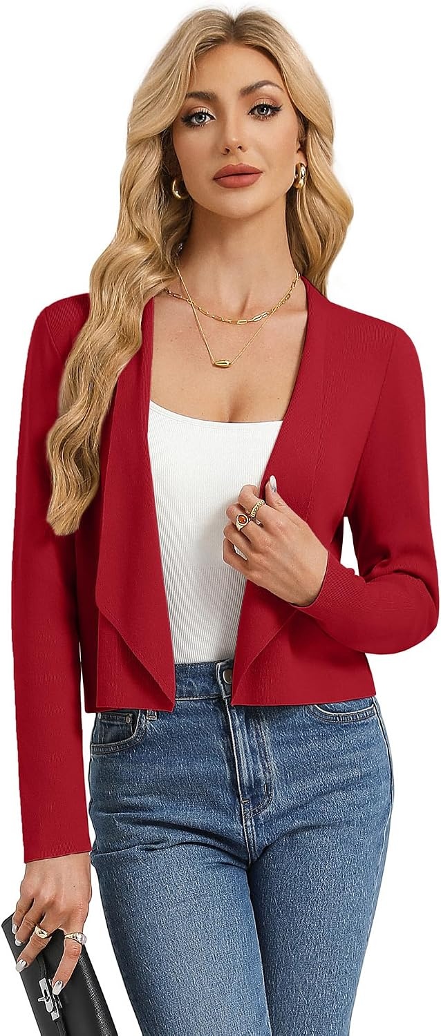 image:imageGRACE KARIN Womens Cropped Sweater Blazer Lightweight Cardigans Dressy Bolero Shrug Blazers for Women Business CasualRed