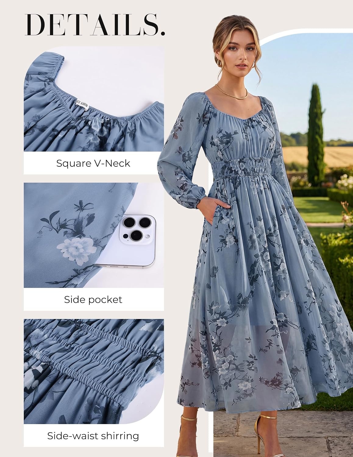 image:imageGRACE KARIN Womens Fall Long Sleeve Floral Wedding Guest Maxi DressGrey Blue