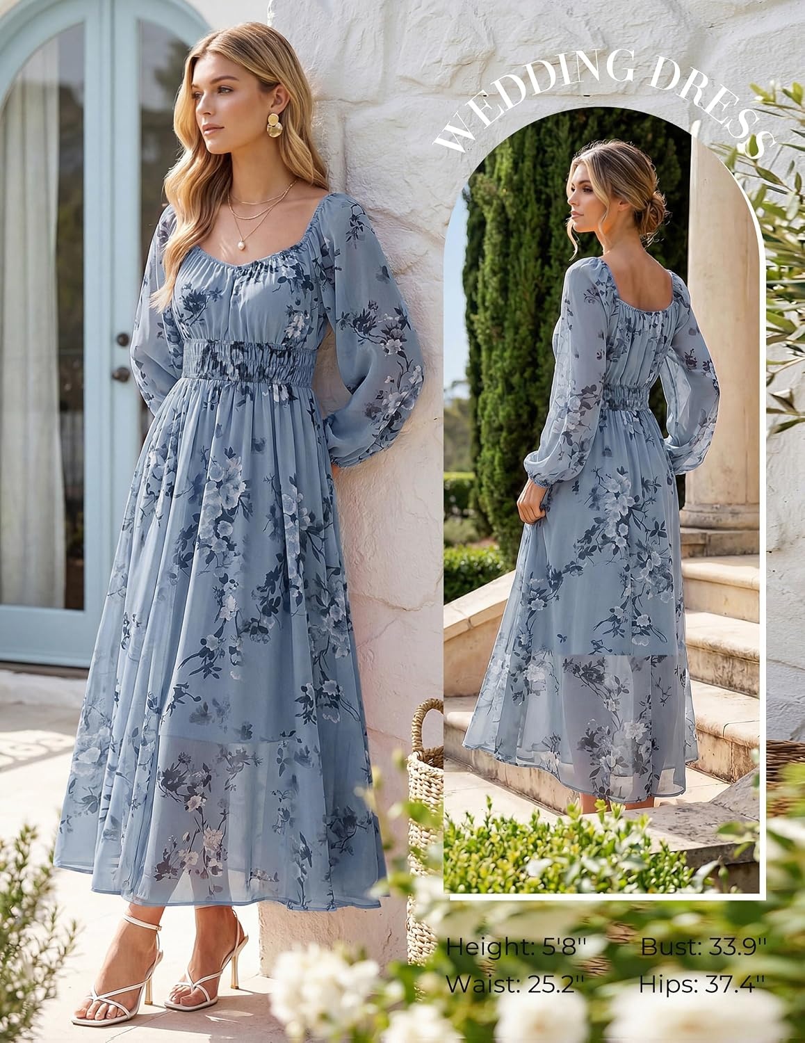 image:imageGRACE KARIN Womens Fall Long Sleeve Floral Wedding Guest Maxi DressGrey Blue