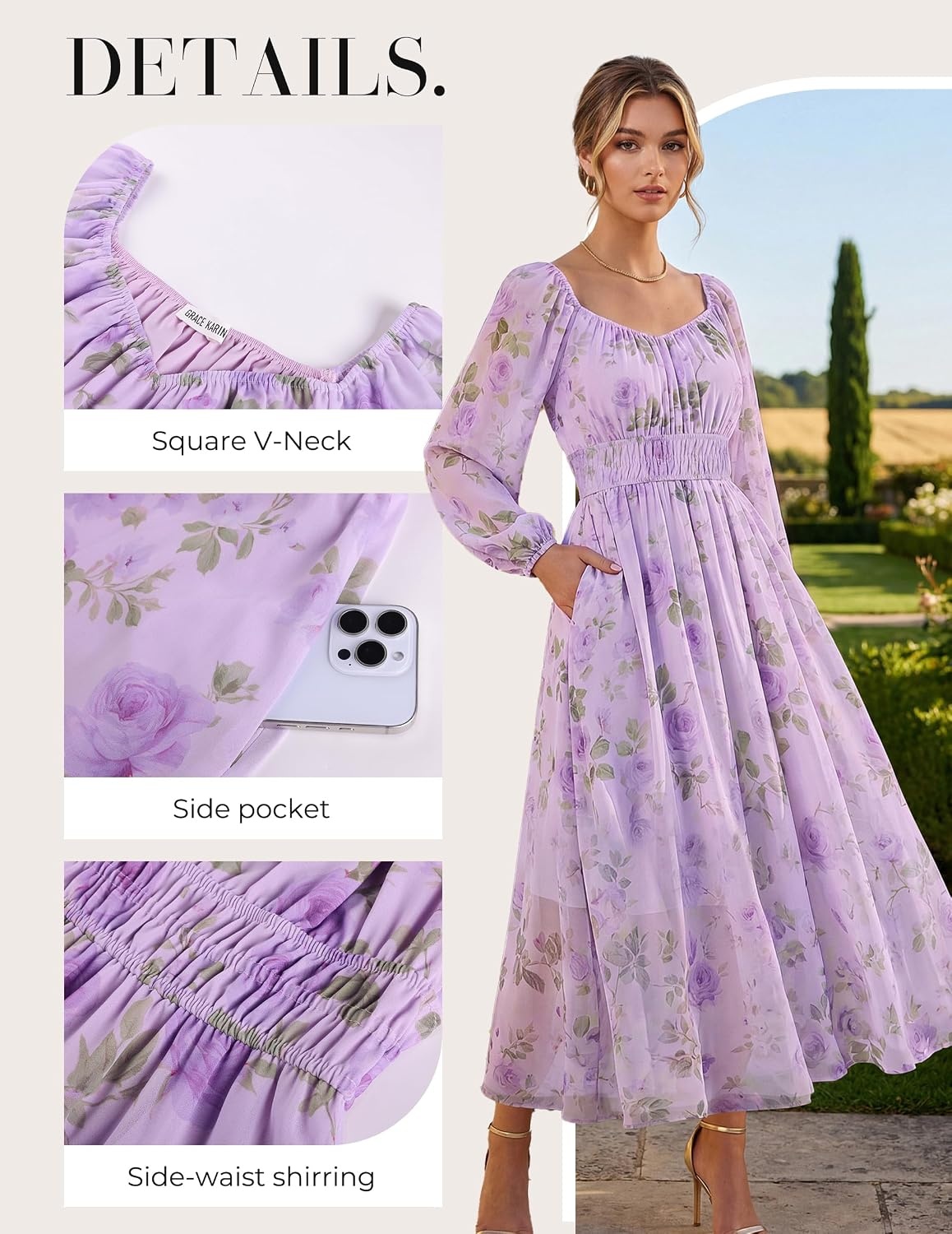 image:imageGRACE KARIN Womens Fall Long Sleeve Floral Wedding Guest Maxi DressLight Purple