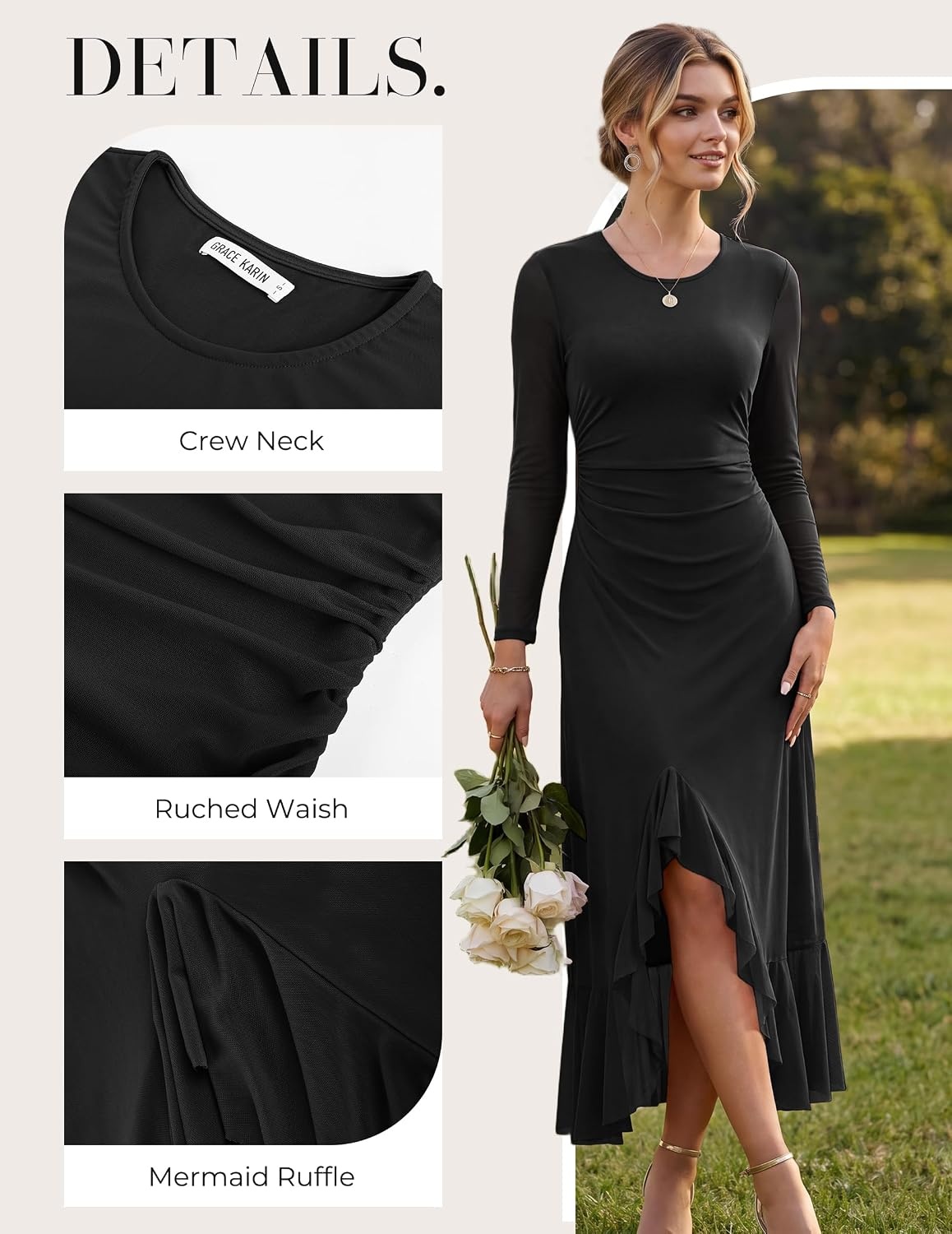 image:imageGRACE KARIN Womens Fall Wedding Guest Dress Long Sleeve Maxi Mesh DressesBlack