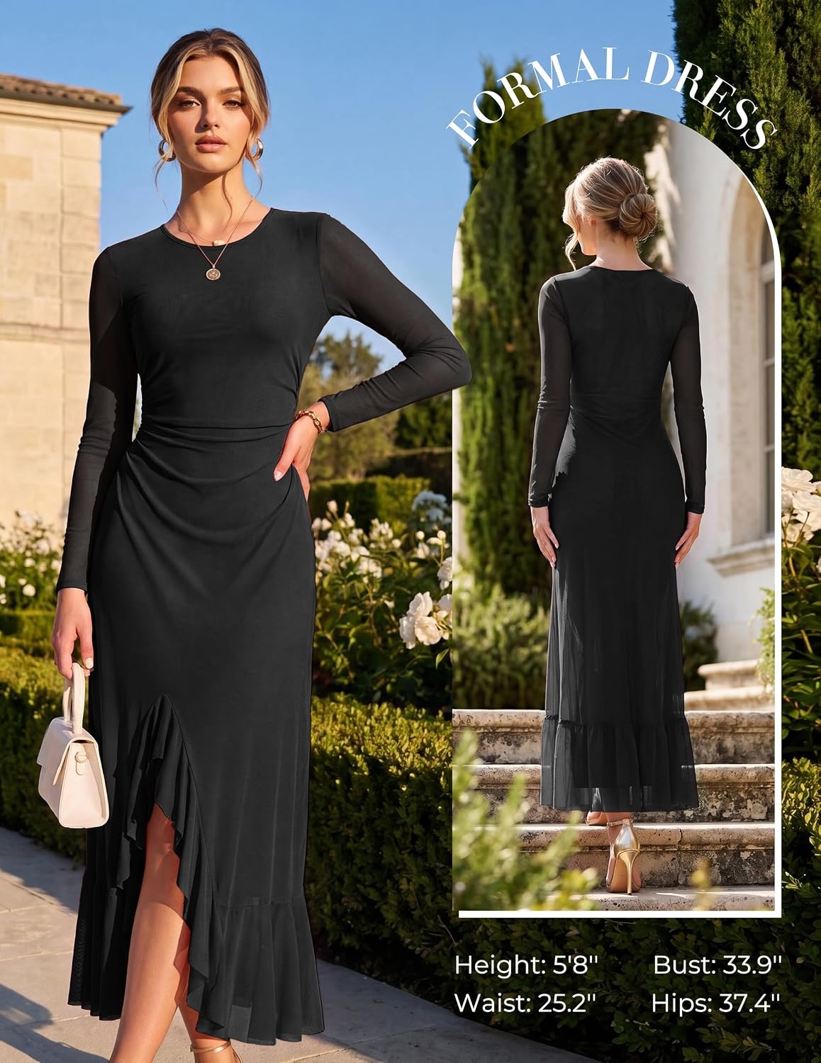 image:imageGRACE KARIN Womens Fall Wedding Guest Dress Long Sleeve Maxi Mesh DressesBlack