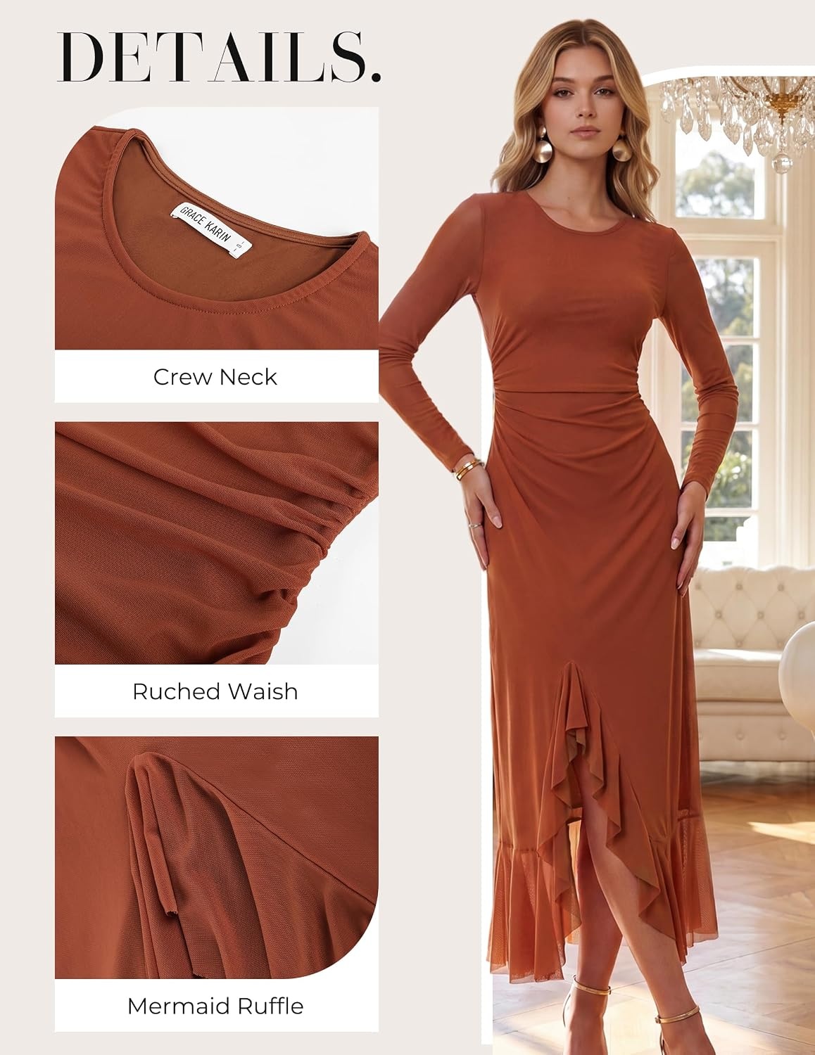 image:imageGRACE KARIN Womens Fall Wedding Guest Dress Long Sleeve Maxi Mesh DressesCaramel