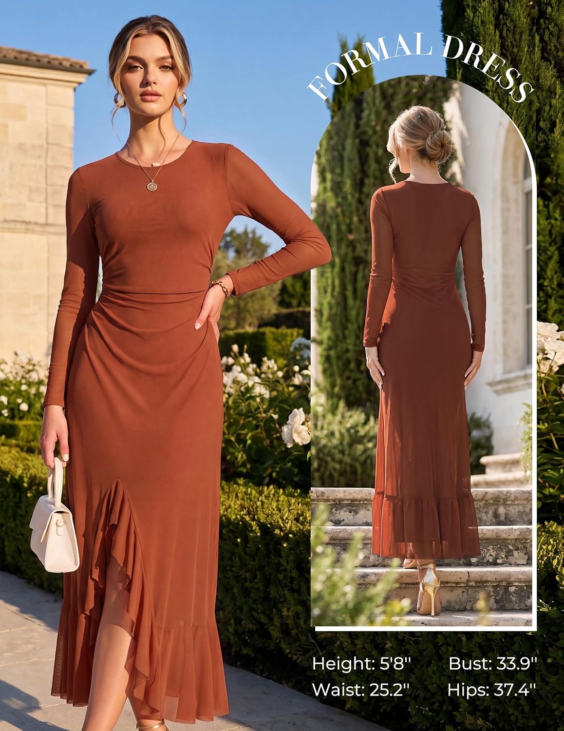 image:imageGRACE KARIN Womens Fall Wedding Guest Dress Long Sleeve Maxi Mesh DressesCaramel