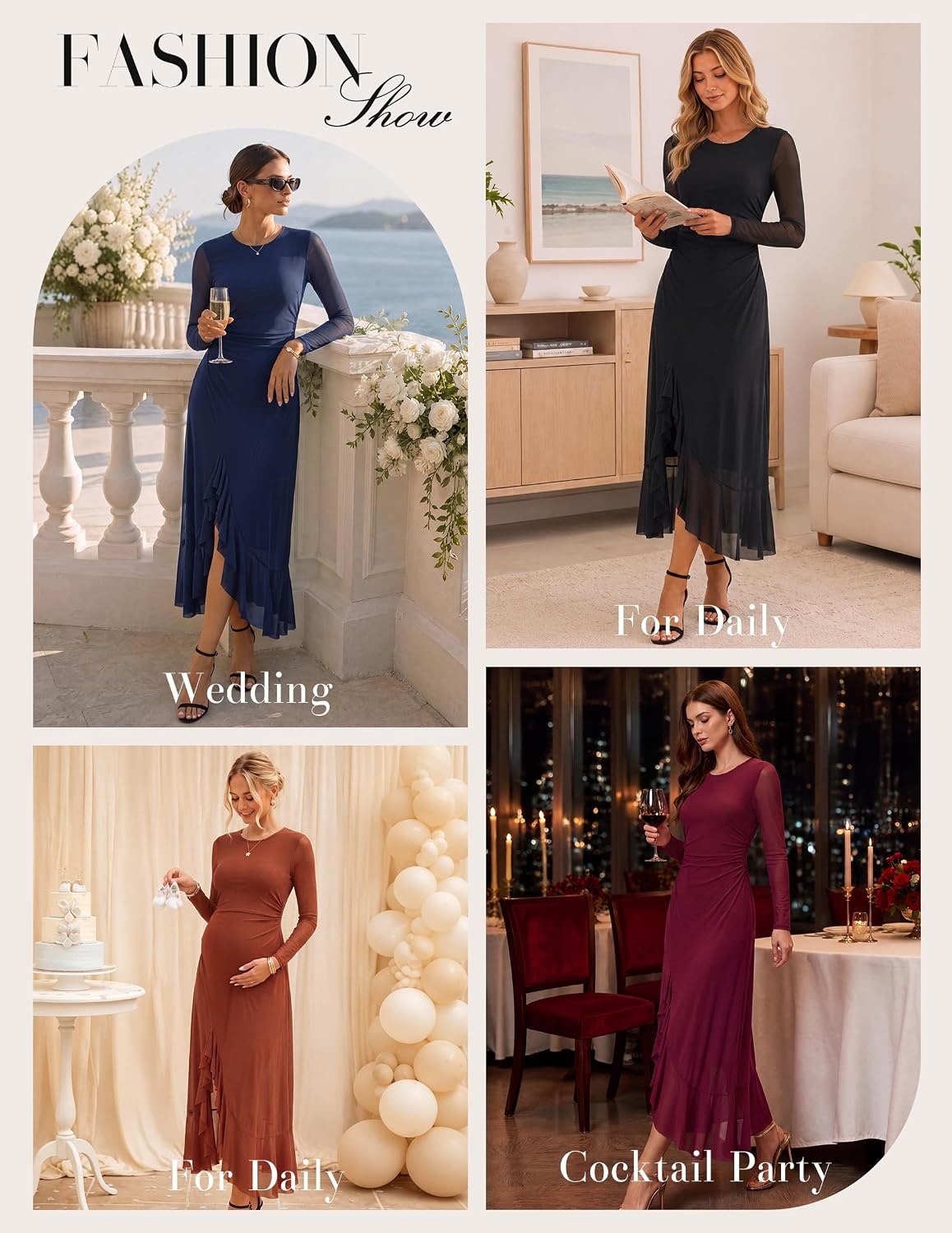 image:imageGRACE KARIN Womens Fall Wedding Guest Dress Long Sleeve Maxi Mesh DressesCaramel
