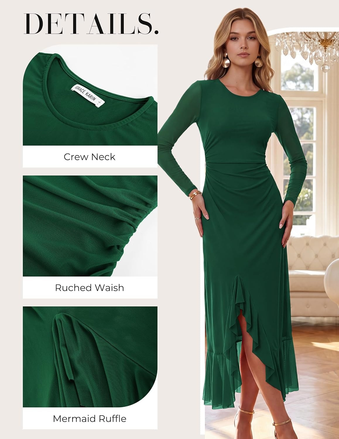 image:imageGRACE KARIN Womens Fall Wedding Guest Dress Long Sleeve Maxi Mesh DressesDark Green