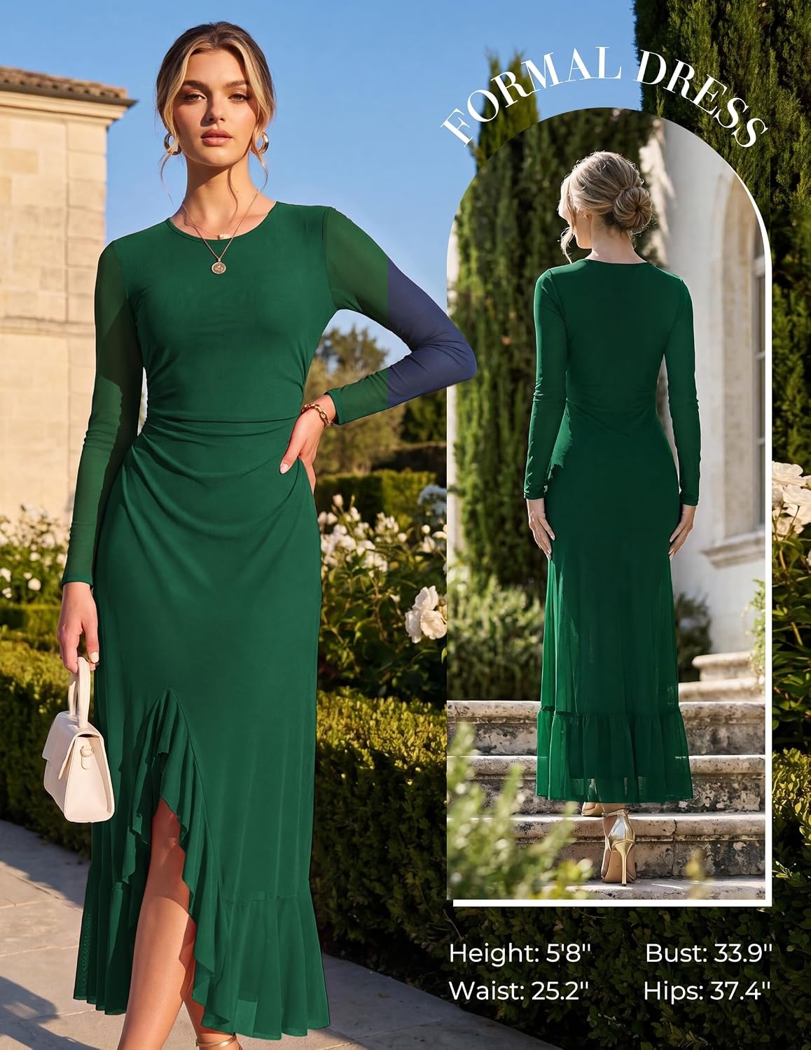 image:imageGRACE KARIN Womens Fall Wedding Guest Dress Long Sleeve Maxi Mesh DressesDark Green