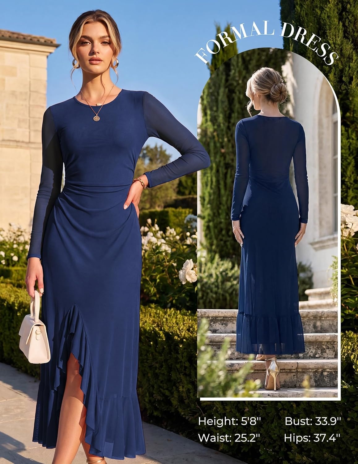 image:imageGRACE KARIN Womens Fall Wedding Guest Dress Long Sleeve Maxi Mesh DressesNavy