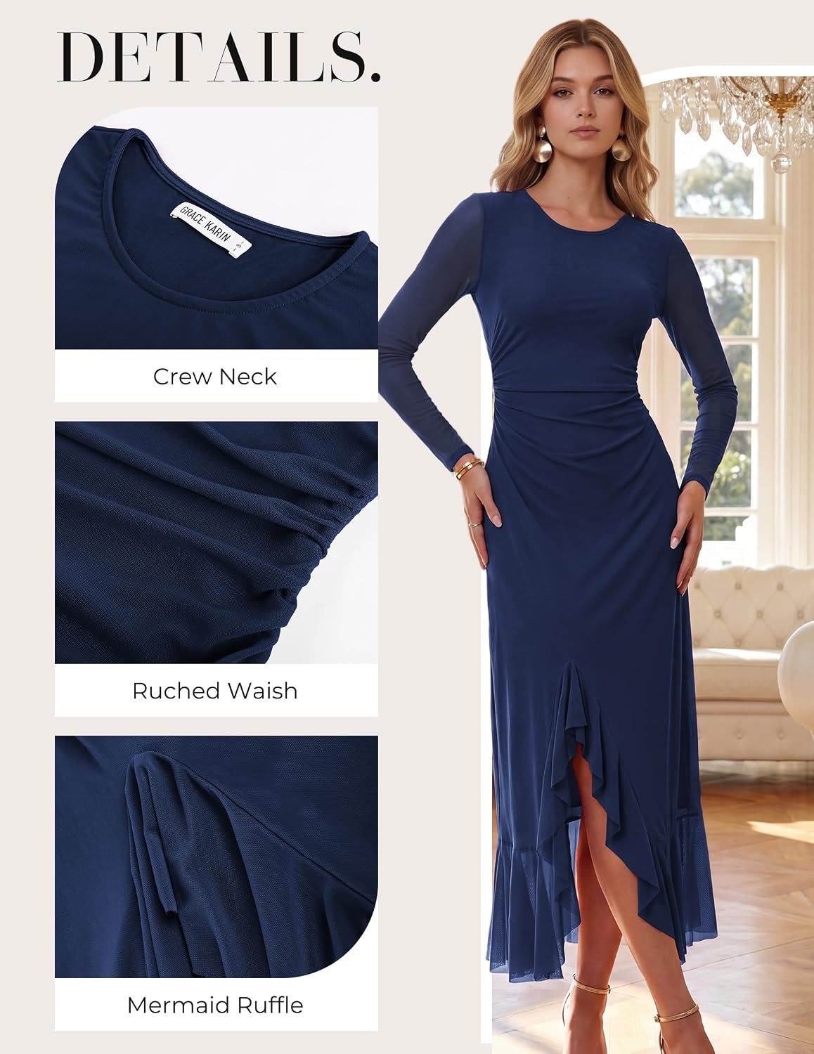 image:imageGRACE KARIN Womens Fall Wedding Guest Dress Long Sleeve Maxi Mesh DressesNavy