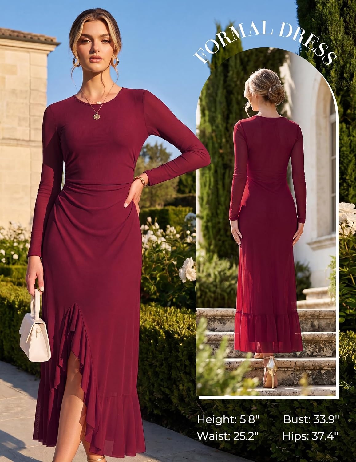 image:imageGRACE KARIN Womens Fall Wedding Guest Dress Long Sleeve Maxi Mesh DressesWine