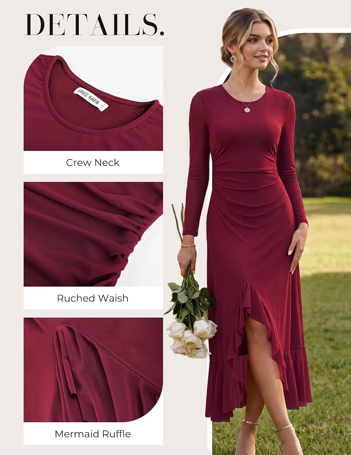image:imageGRACE KARIN Womens Fall Wedding Guest Dress Long Sleeve Maxi Mesh DressesWine