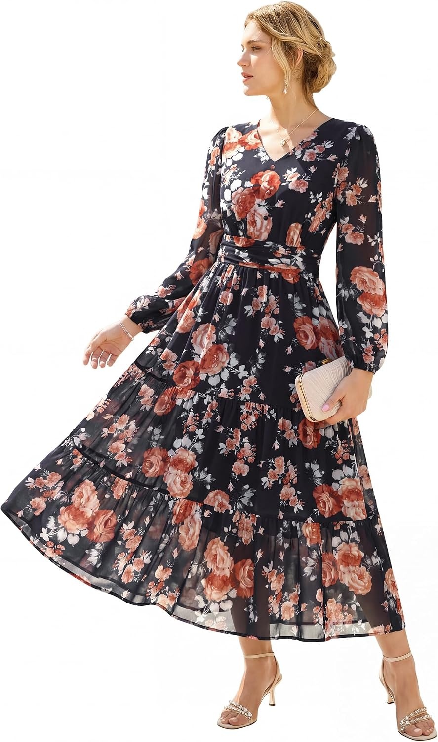 image:imageGRACE KARIN Womens Floral Maxi Dress Long Sleeve Wedding Guest DressesBlack Gray With Red Roses