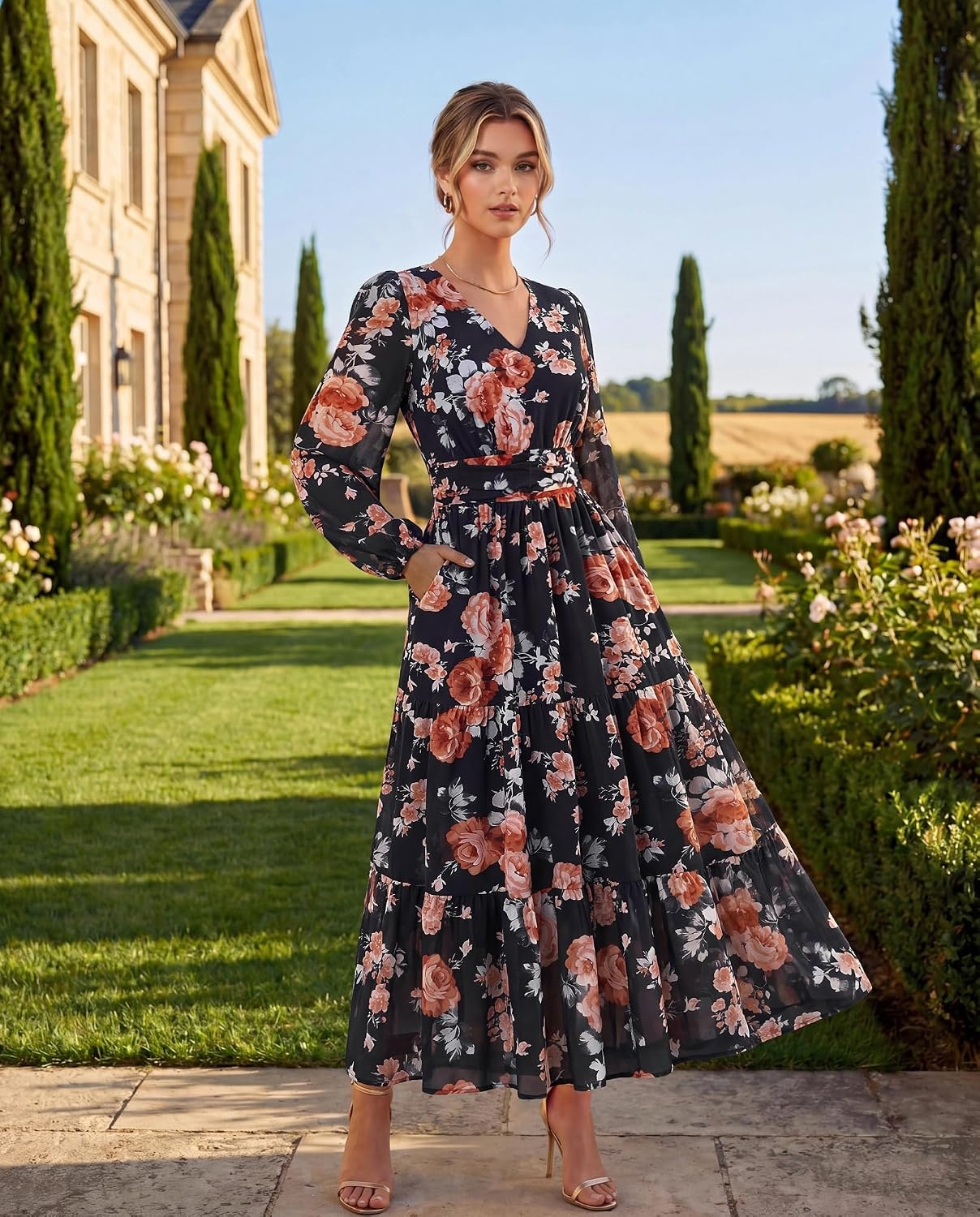 image:imageGRACE KARIN Womens Floral Maxi Dress Long Sleeve Wedding Guest DressesBlack Gray With Red Roses