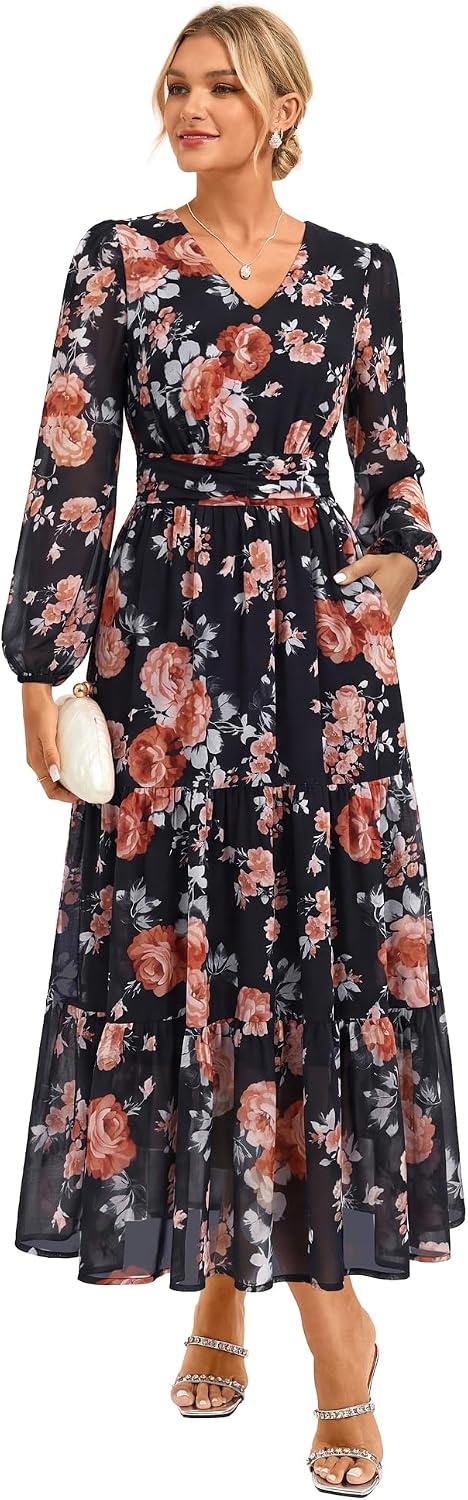 image:imageGRACE KARIN Womens Floral Maxi Dress Long Sleeve Wedding Guest DressesBlack Gray With Red Roses