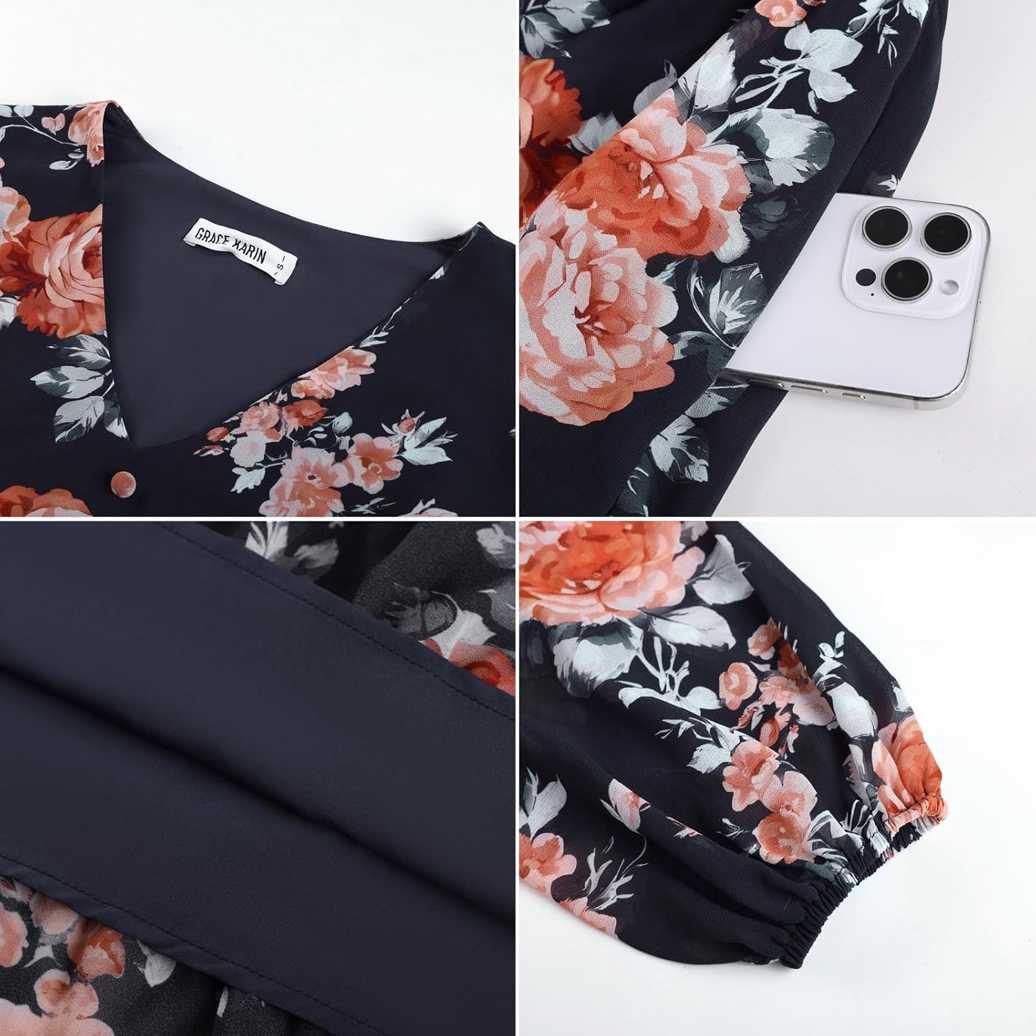 image:imageGRACE KARIN Womens Floral Maxi Dress Long Sleeve Wedding Guest DressesBlack Gray With Red Roses