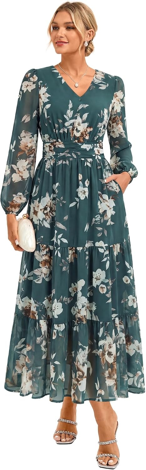 image:imageGRACE KARIN Womens Floral Maxi Dress Long Sleeve Wedding Guest DressesDark Gray Green With White Flowers