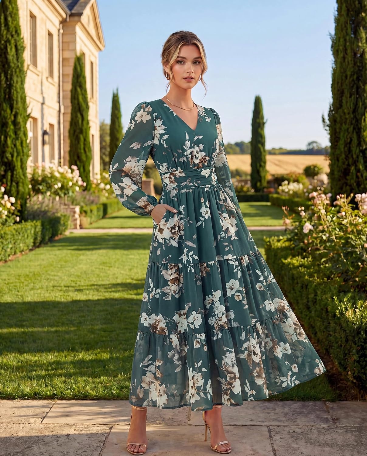image:imageGRACE KARIN Womens Floral Maxi Dress Long Sleeve Wedding Guest DressesDark Gray Green With White Flowers