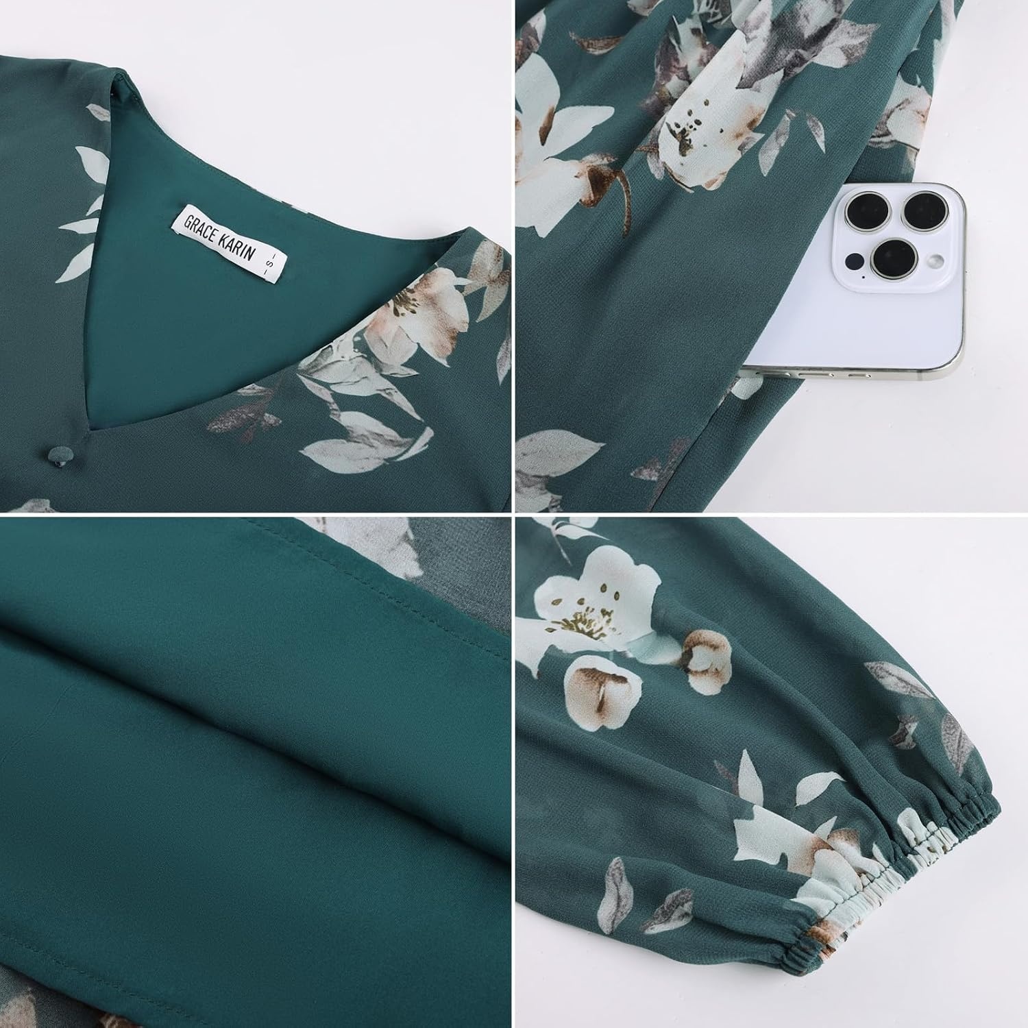 image:imageGRACE KARIN Womens Floral Maxi Dress Long Sleeve Wedding Guest DressesDark Gray Green With White Flowers