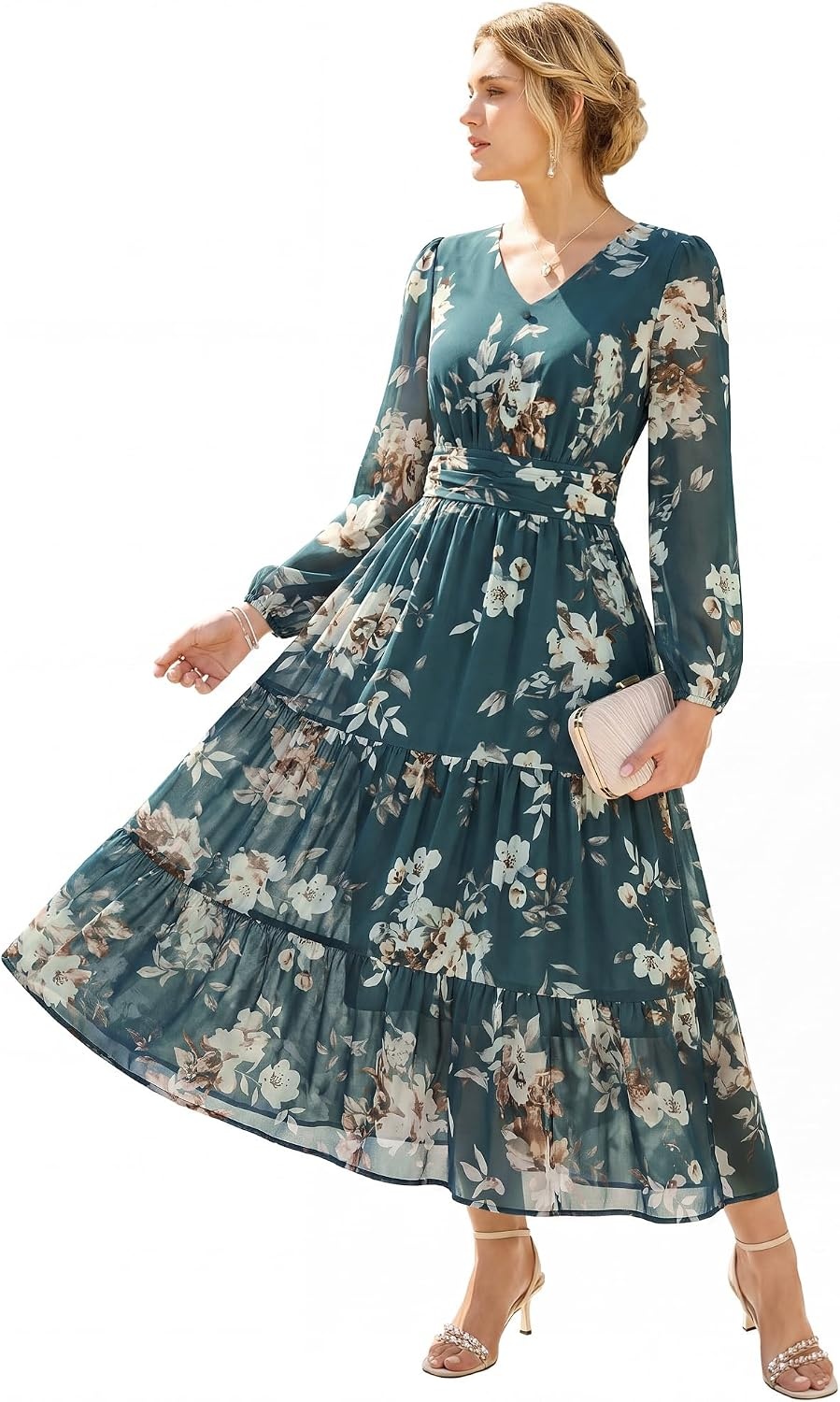image:imageGRACE KARIN Womens Floral Maxi Dress Long Sleeve Wedding Guest DressesDark Gray Green With White Flowers