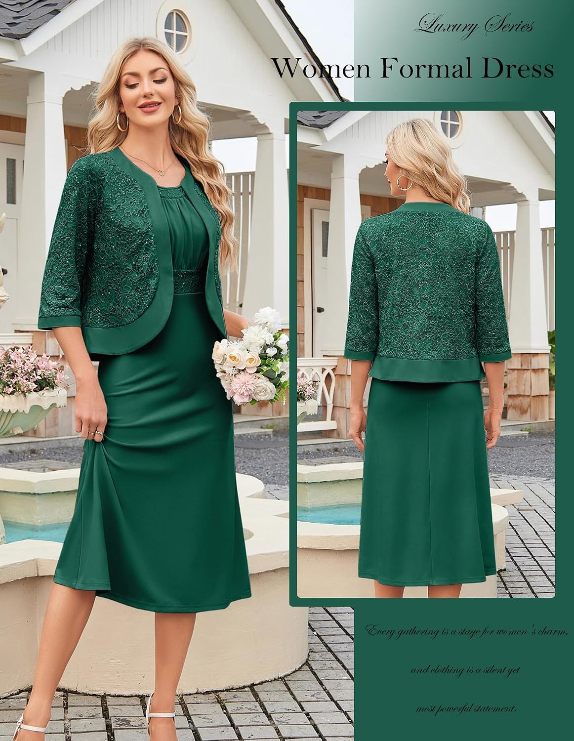 image:imageGRACE KARIN Womens Formal Wedding Guest Dress2 Piece Mother of The Bride DressesTea Party Sequin Dress with JacketDark Green