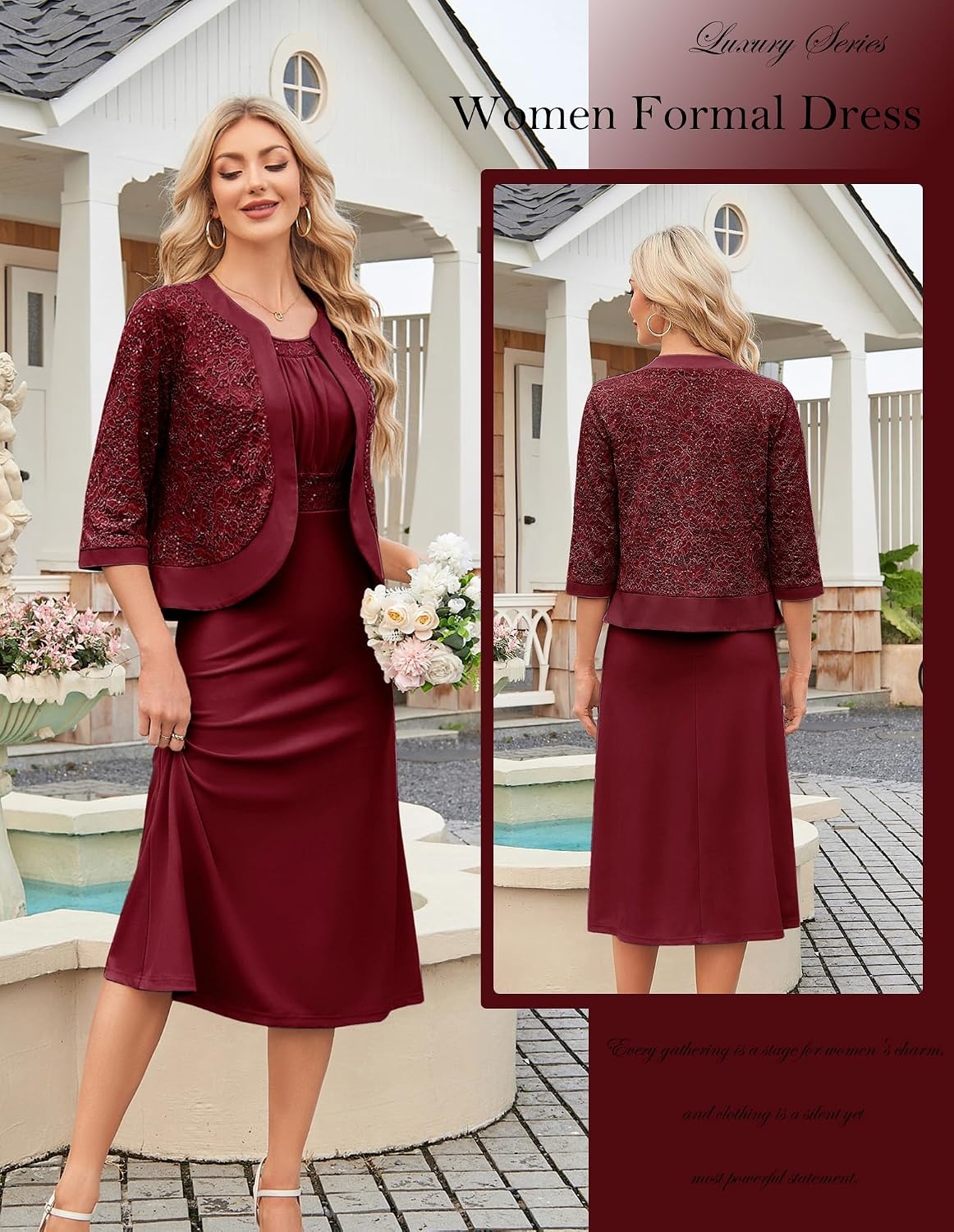 image:imageGRACE KARIN Womens Formal Wedding Guest Dress2 Piece Mother of The Bride DressesTea Party Sequin Dress with JacketWine