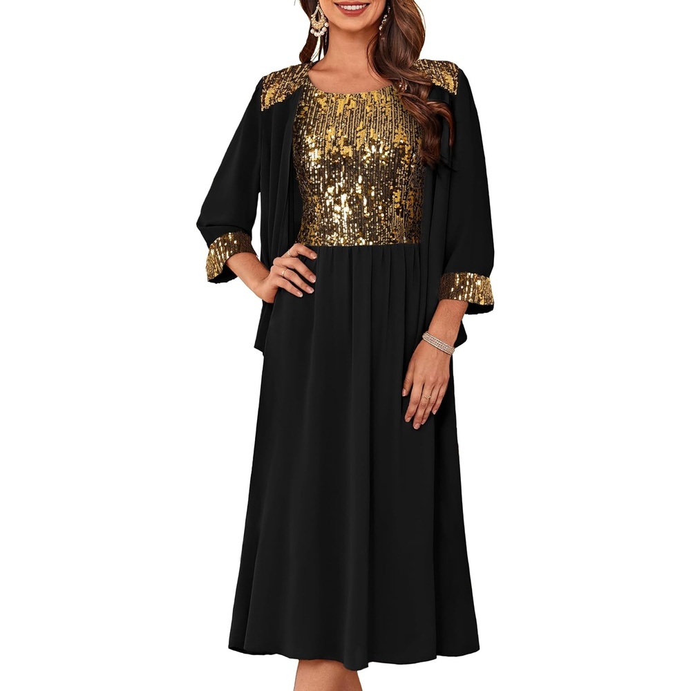 image:imageGRACE KARIN Formal Wedding Guest Dress Sequin Mother of The Bride DressesBlack Gold