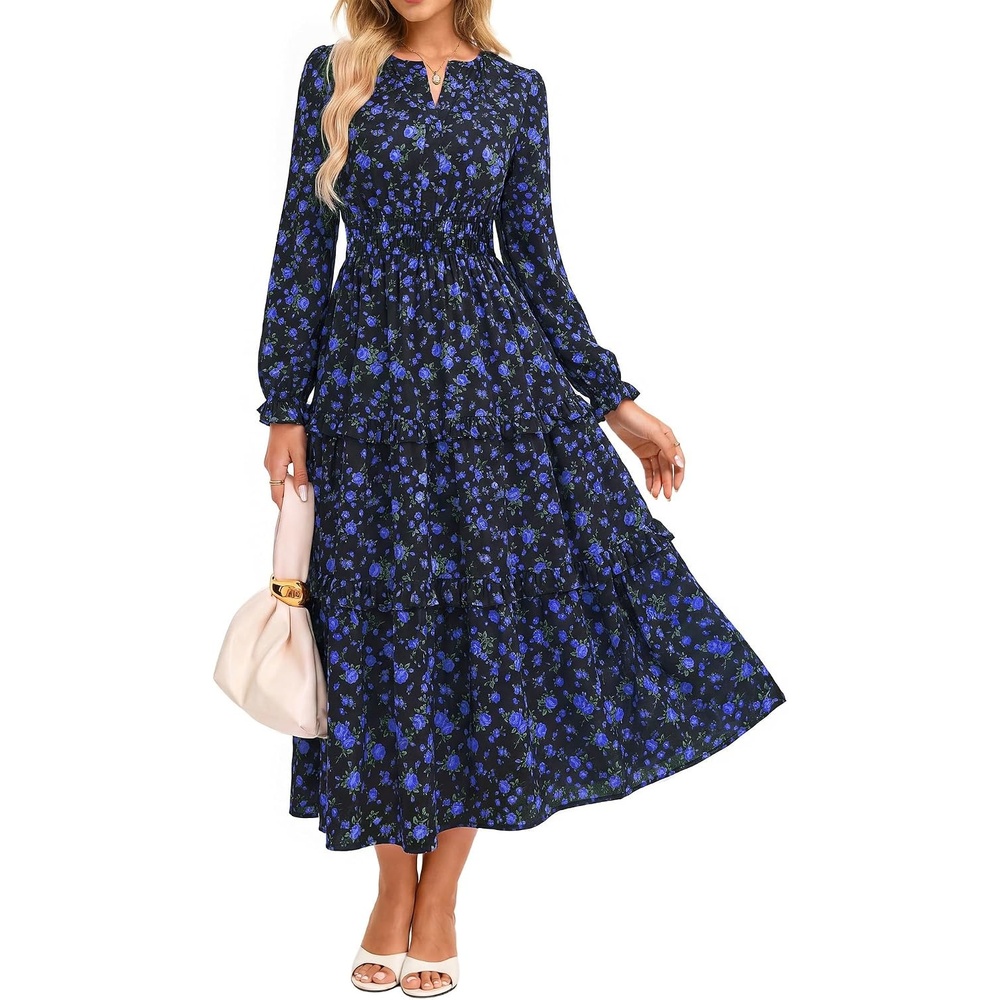 image:imageGRACE KARIN Womens 2026 Fall Maxi Chiffon Floral Casual DressBlack Blue Floral