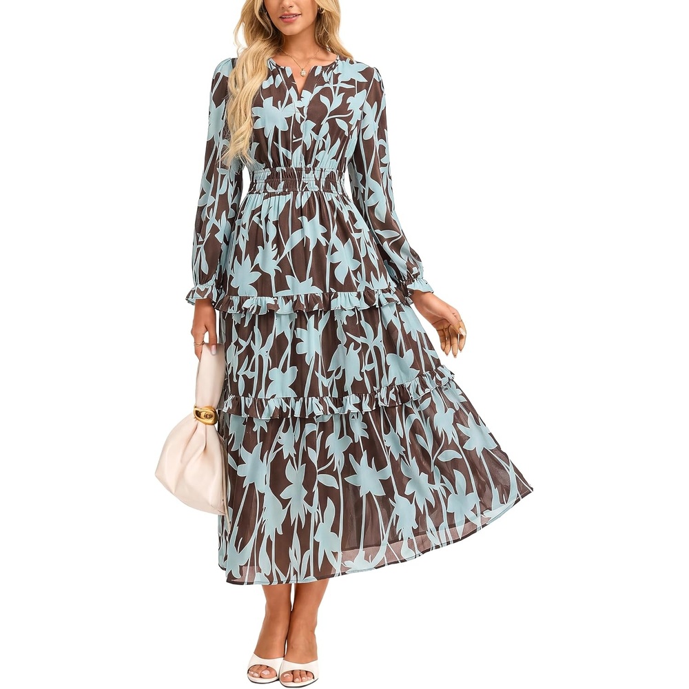 image:imageGRACE KARIN Womens 2026 Fall Maxi Chiffon Floral Casual DressBlue Brown Leaves