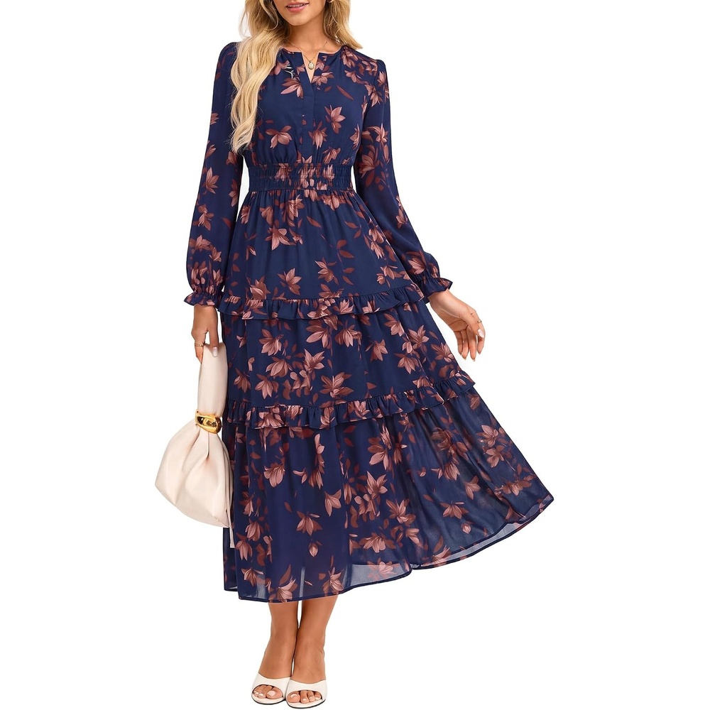 image:imageGRACE KARIN Womens 2026 Fall Maxi Chiffon Floral Casual DressBrown Floral Dark Blue