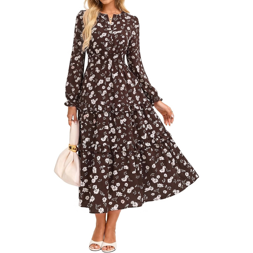 image:imageGRACE KARIN Womens 2026 Fall Maxi Chiffon Floral Casual DressBrown White Floral