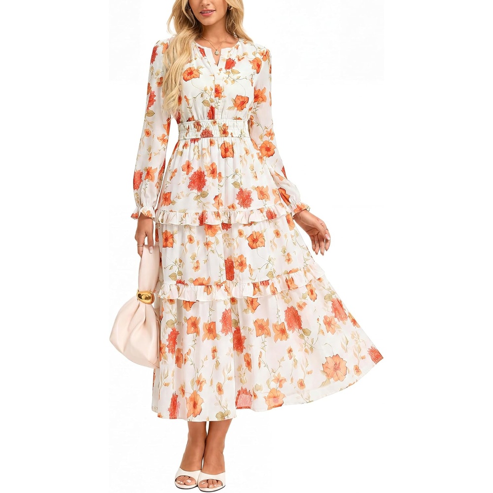 image:imageGRACE KARIN Womens 2026 Fall Maxi Chiffon Floral Casual DressOrange Floral