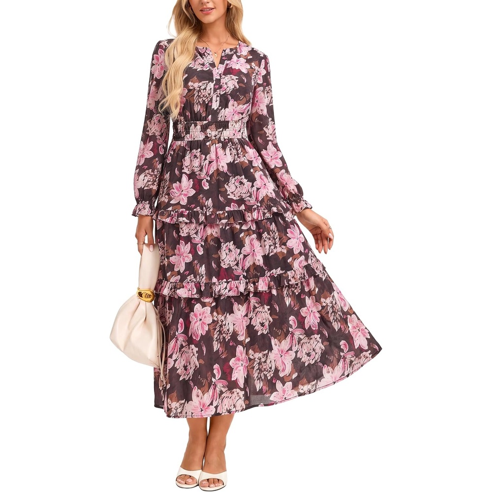 image:imageGRACE KARIN Womens 2026 Fall Maxi Chiffon Floral Casual DressPink Black Floral