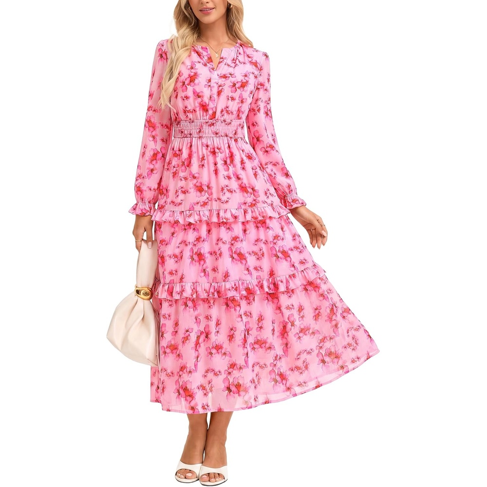 image:imageGRACE KARIN Womens 2026 Fall Maxi Chiffon Floral Casual DressPink Floral